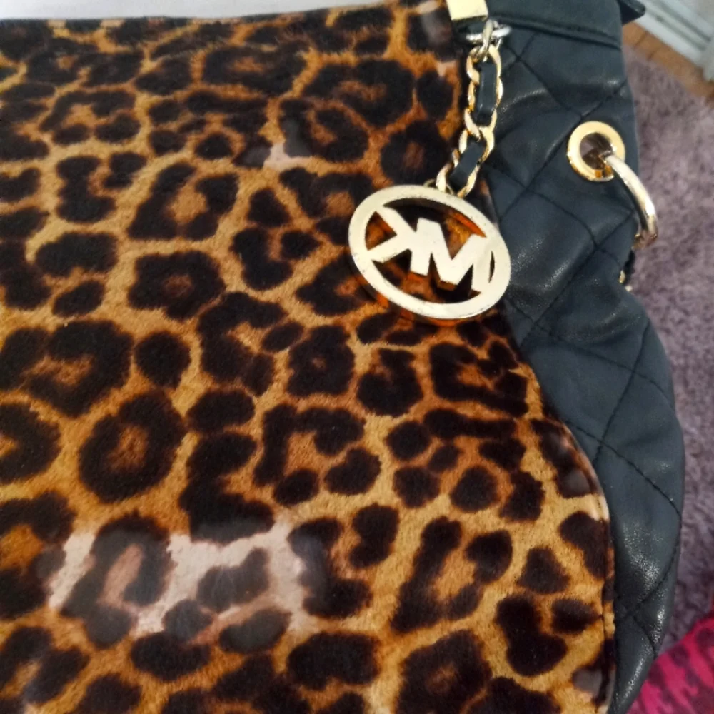 Michael Kors Leopard Print Tan and Black Chain-Accent Shoulder Bag